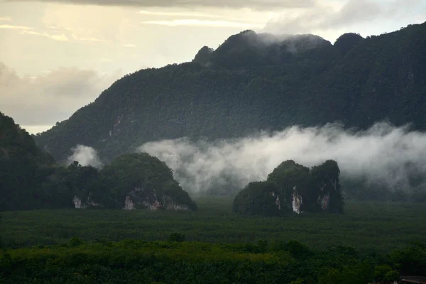 Крупный План Тумана Над Горой Закате Провинции Краби Таиланд — стоковое фото