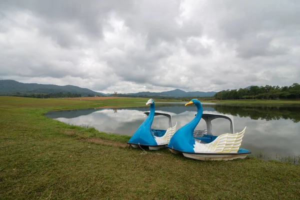 在泰国清莱的一个阴天 两只天鹅脚踏船停靠在湖上的风景 — 图库照片