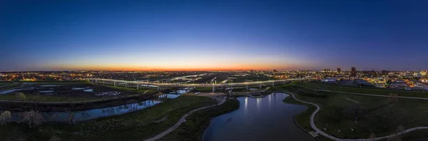 Panoramic Air Drone Picture Dallas Skyline Trammel Crow Park Sunset — стокове фото