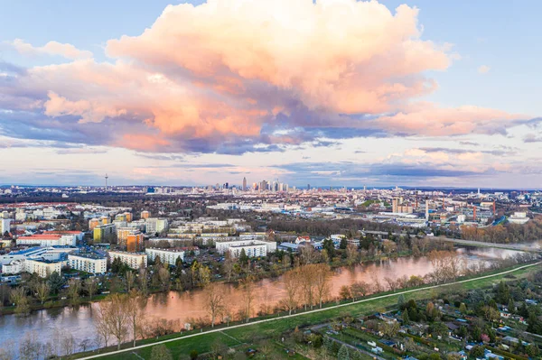 Imagem Panorâmica Aérea Rio Main Horizonte Frankfurt Durante Pôr Sol — Fotografia de Stock