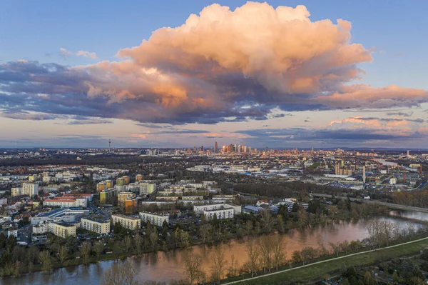 Imagem Panorâmica Aérea Rio Main Horizonte Frankfurt Durante Pôr Sol — Fotografia de Stock