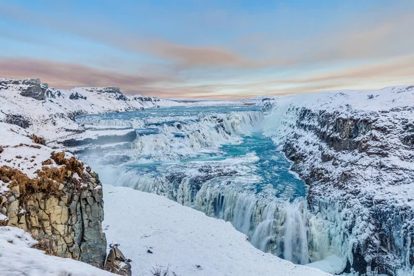 Панорамний Вид Над Водоспадом Ґульфосс Півдні Ісландії Взимку — стокове фото