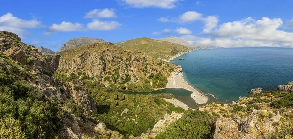 Vista Sobre Hermosa Playa Palmeras Preveli Isla Griega Creta —  Fotos de Stock