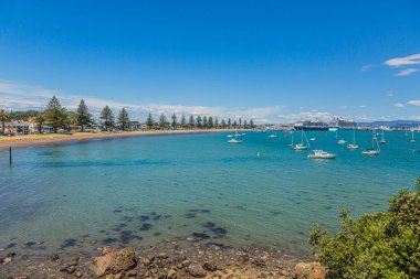 Yeni Zelanda 'nın kuzeyindeki Tauranga şehrinin liman ve yolcu gemisi terminaline bakın.