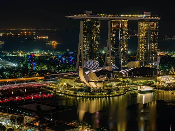 Панорамная Панорама Сингапура Садов Залива Время Подготовки Гонке Формулы Ночью — стоковое фото