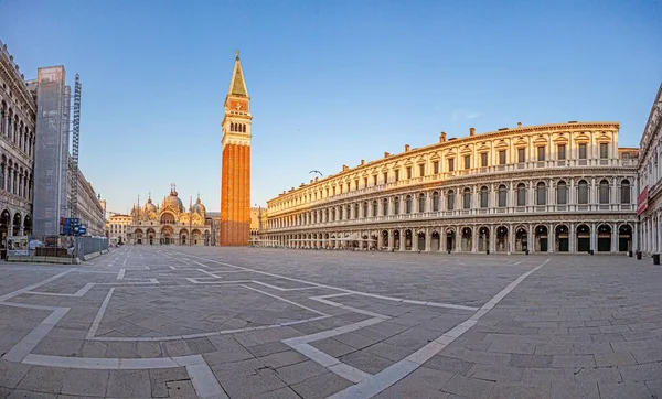 Picture of Plaza San Marco in Venice with Campanile and ST. Marcus Basilika during Crona lockdown without people in summer