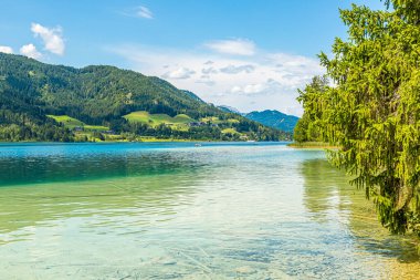 Avusturya 'daki güzel Weissensee Gölü' nün resmi.