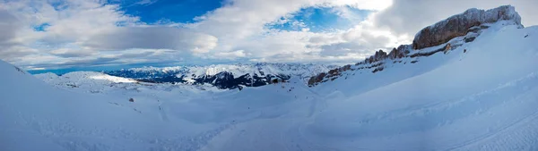 Foto Panoramica Del Comprensorio Sciistico Montafon Austria Con Cielo Blu — Foto Stock