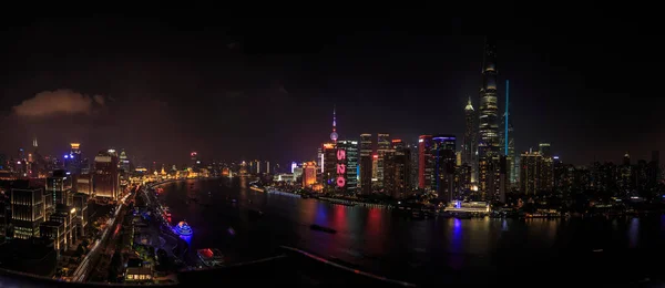 Panorama Arealudsigt Bund Shanghai Natten - Stock-foto