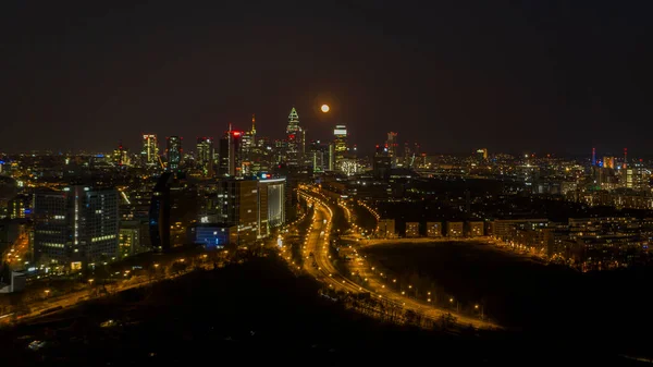 Luftbild Der Frankfurter Skyline Bei Vollmond — Stockfoto