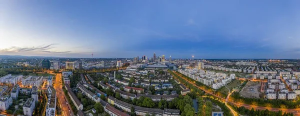 Panorama Drones Aéreos Horizonte Frankfurt Durante Pôr Sol — Fotografia de Stock