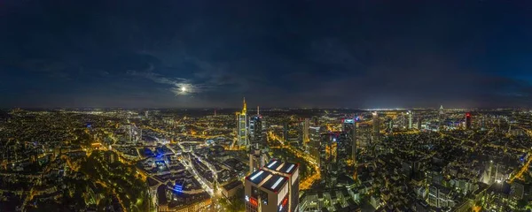 Panorama Drones Aéreos Horizonte Frankfurt Noite Com Lua Cheia — Fotografia de Stock