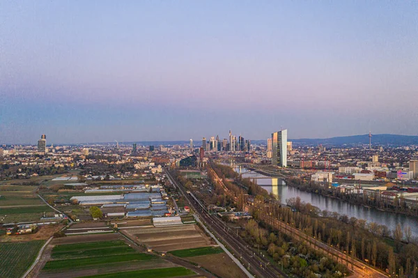 Aerial Picture Frankfurt Skyline European Central Bank Building Sunrise — Stock Photo, Image