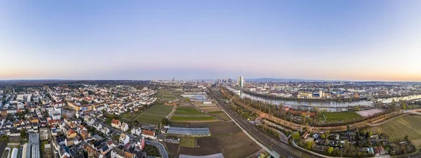 Imagem Aérea Horizonte Frankfurt Edifício Banco Central Europeu Durante Nascer — Fotografia de Stock