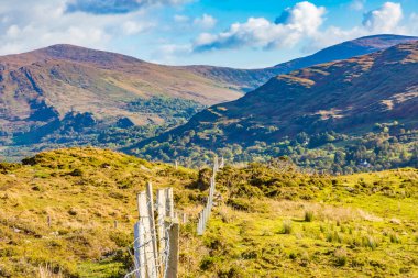 Tipik İrlanda manzarası Yeşil çayırlar ve engebeli dağlar