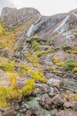 Tipik İrlanda manzarası Yeşil çayırlar ve engebeli dağlar