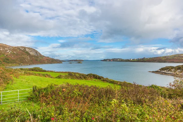 緑の草原と青い海と典型的なアイルランドの海岸線のパノラマ写真 — ストック写真