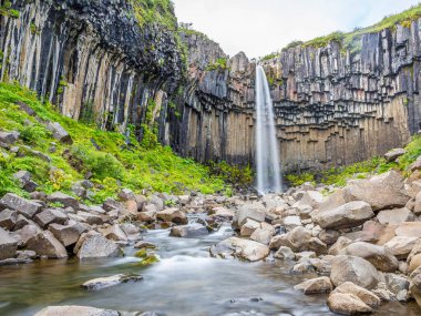 Yazın İzlanda 'da Svartifoss şelalesinin etkileyici bazalt taş oluşumunu izleyin.