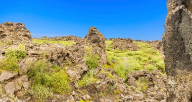 Hverfjall yanardağının güneyindeki büyük lav tarlasında yürüyüşlerin resmi.