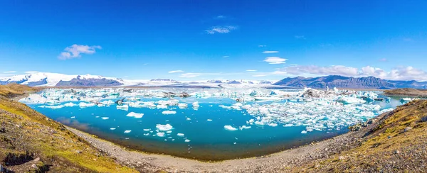 Panorpanorâmica Fotos Sobre Joekularson Geleira Lagoa Com Iceberg Frifting Verão — Fotografia de Stock