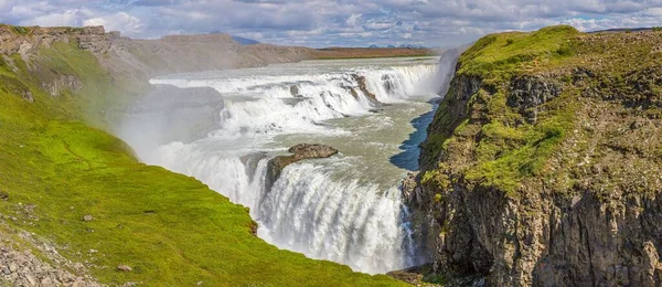 Panoramic Picture Gulfoss Waterfall People Summer — Stock Photo, Image