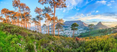 Cape Town ile Tablo Dağı 'nın hava kararırken çekilmiş panoramik fotoğrafı. Aydınlanmış şehir Eylül 2013' te Güney Afrika 'da çekildi.
