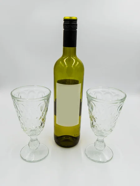 Wine Bottle Glasses Empty Label Self Design — Stock Photo, Image