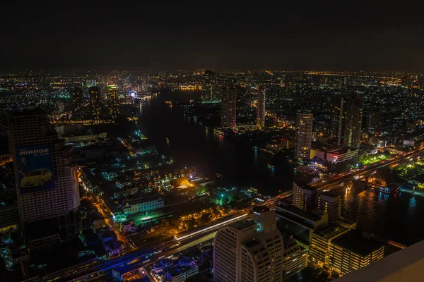 Panoramic Aerial Night Picture Bangkok Skyline Chao Phraya River — Stock Photo, Image