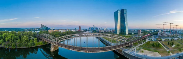 Panoramic Drone Picture Frankfurt Skyline Morning Time Summer — Fotografia de Stock