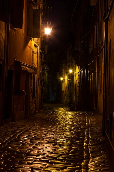 Escena Una Calle Adoquinada Centro Histórico Rovinj Croacia Durante Noche —  Fotos de Stock
