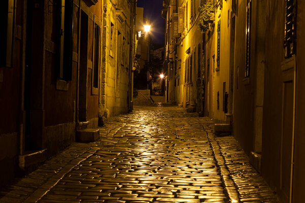 Scene of a cobblestoned street in the historic center of Rovinj in Croatia during night in summer