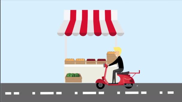 Marknaden Frukt Leverans Retro Scooter — Stockvideo