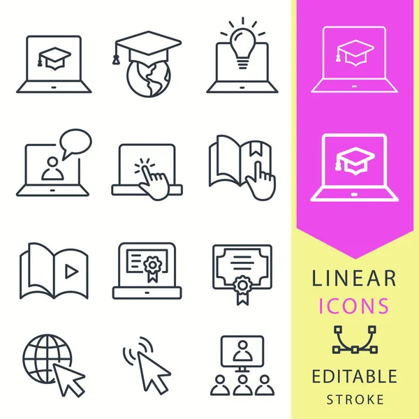 E-learning distance education icons. Set of graduation cap, training, laptop, learn online, webinar symbols. Thin line vector illustration, outline pictogram isolated on white. Editable stroke.
