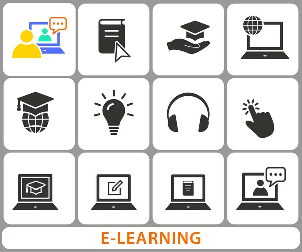 Learning Distancia Iconos Educación Conjunto Gorra Graduación Entrenamiento Computadora Portátil — Vector de stock