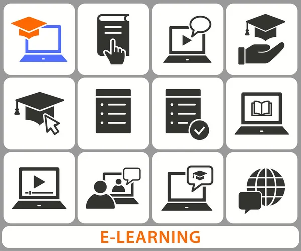 E-learning distance education icons. Set of graduation cap, training, laptop, learn online, webinar symbols. Black vector illustrations isolated on white. Simple pictograms for graphic and web design.