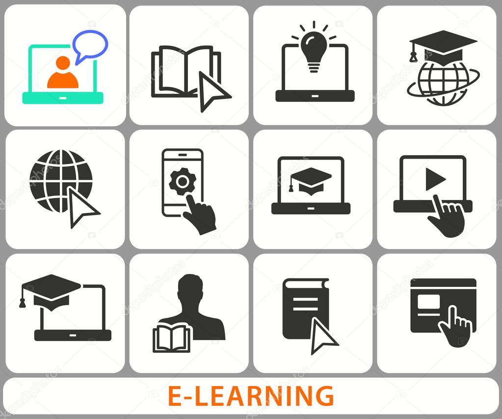 E-learning distance education icons. Set of graduation cap, training, laptop, learn online, webinar symbols. Black vector illustrations isolated on white. Simple pictograms for graphic and web design.