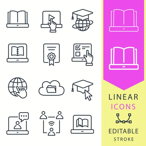 E-learning distance education icons. Set of graduation cap, training, laptop, learn online, webinar symbols. Thin line vector illustrations, outline pictograms isolated on white. Editable stroke.