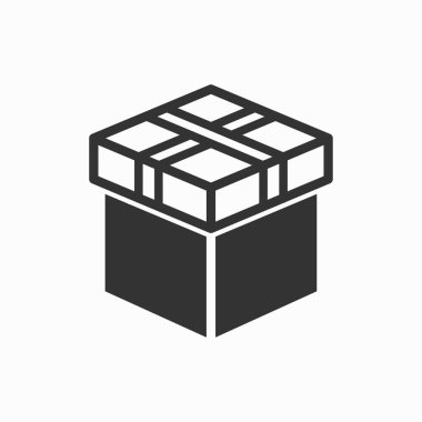 Hediye kutusu sürpriz simgesi. Doğum günü hediyesi, kutlama sembolü. Siyah vektör çizim üzerinde beyaz izole. Grafik ve web tasarımı için basit piktogram.