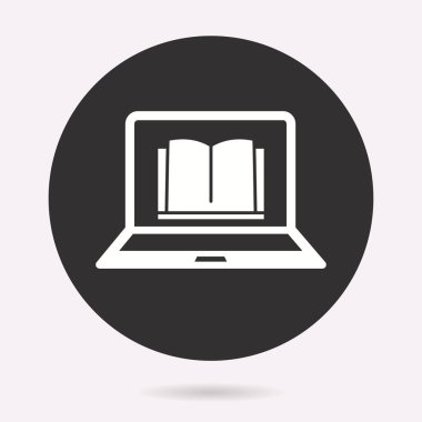 Kitap bilgisayar eğitim kutsal kişilerin resmi. Akademik çalışma, sembol öğrenin. Vektör illüstrasyon izole. Grafik ve web tasarımı için basit piktogram.