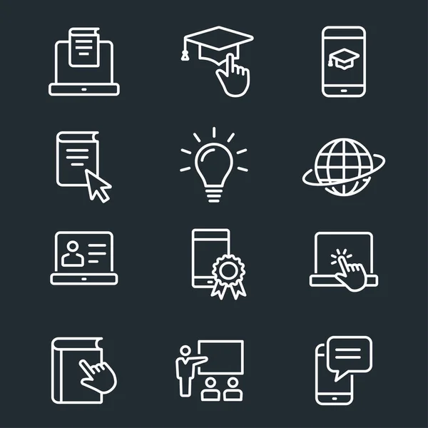 Vector distance education icons. Set of graduation cap, training, laptop, learn online, webinar symbols.