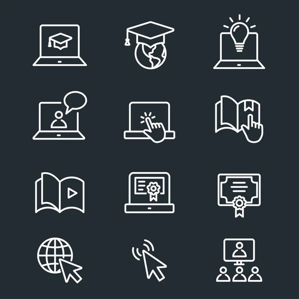 Vector distance education icons. Set of graduation cap, training, laptop, learn online, webinar symbols.