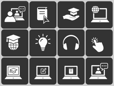 E-öğrenme uzaktan eğitim simgeler. Mezuniyet kap, eğitim, dizüstü bilgisayar, dizi öğrenmek online, webinar sembolleri.