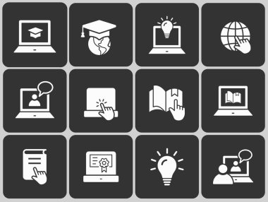 E-öğrenme uzaktan eğitim simgeler. Mezuniyet kap, eğitim, dizüstü bilgisayar, dizi öğrenmek online, webinar sembolleri.