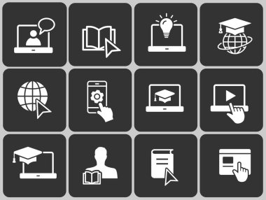 E-öğrenme uzaktan eğitim simgeler. Mezuniyet kap, eğitim, dizüstü bilgisayar, dizi öğrenmek online, webinar sembolleri.
