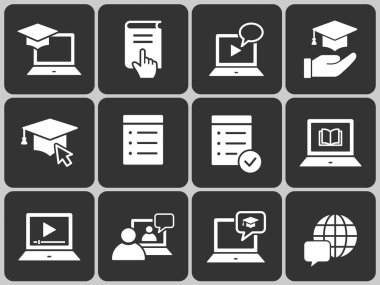 E-öğrenme uzaktan eğitim simgeler. Mezuniyet kap, eğitim, dizüstü bilgisayar, dizi öğrenmek online, webinar sembolleri.