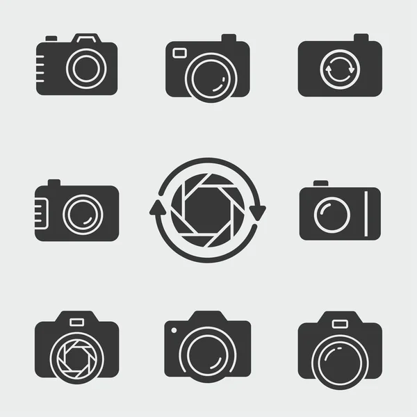 Conjunto Iconos Fotográficos Ilustraciones Vectoriales Negras Aisladas Blanco Pictogramas Simples — Vector de stock