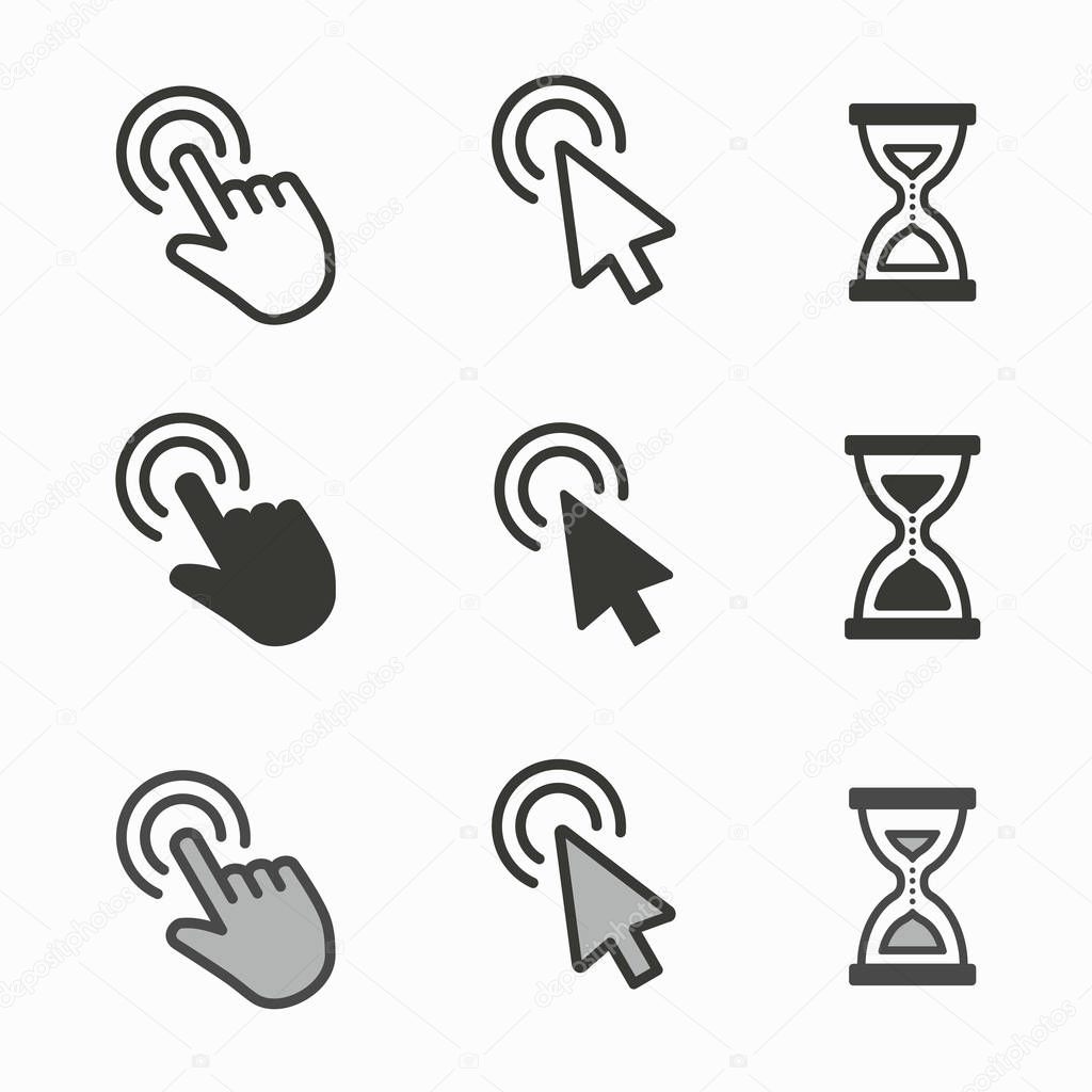 Cursor icons. Mouse, hand, arrow, hourglass illustration isolated on white.
