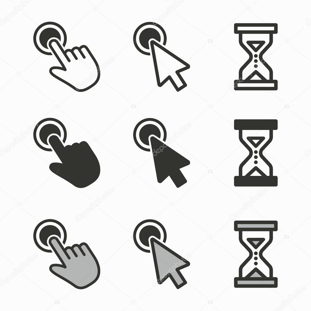 Cursor icons. Mouse, hand, arrow, hourglass illustration isolated on white.