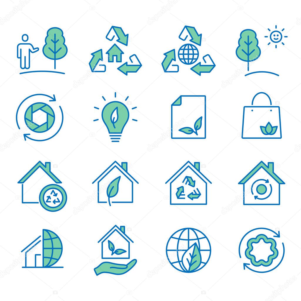 Ecology flat line icons. Set of recycle, environmental,nature, natural, plant and more. Editable Strokes.