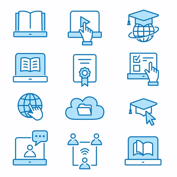 E-learning distance education flat line icons. Set of graduation cap, training, laptop, learn online, webinar symbols. Editable Strokes.